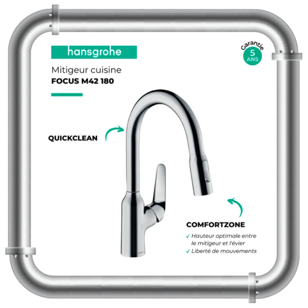 Mitigeur Hansgrohe cuisine bec de cygnes avec rallonge et douchette – Image 3