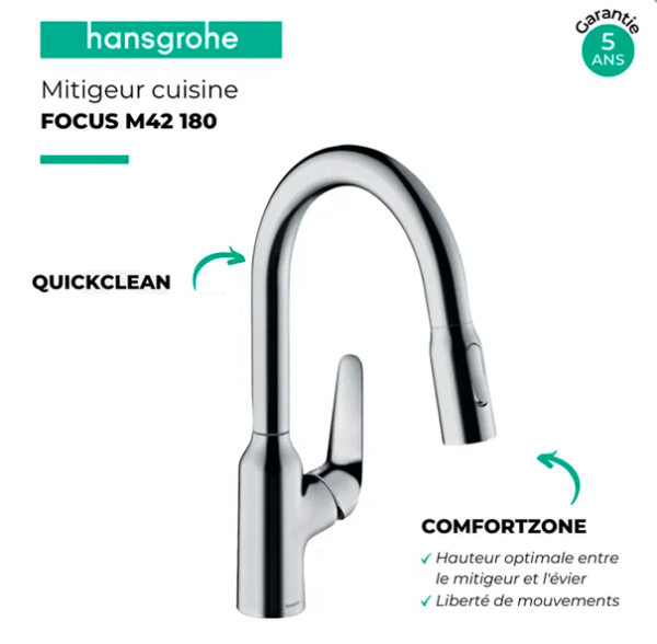 Mitigeur Hansgrohe cuisine bec de cygnes avec rallonge et douchette – Image 3